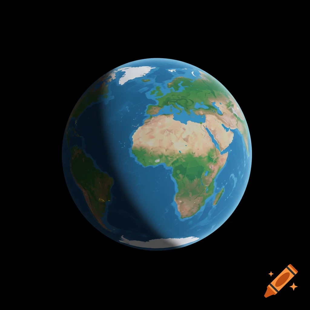 Stylized globe of Earth showing continents and oceans against a black background, with a visible day-night terminator line.