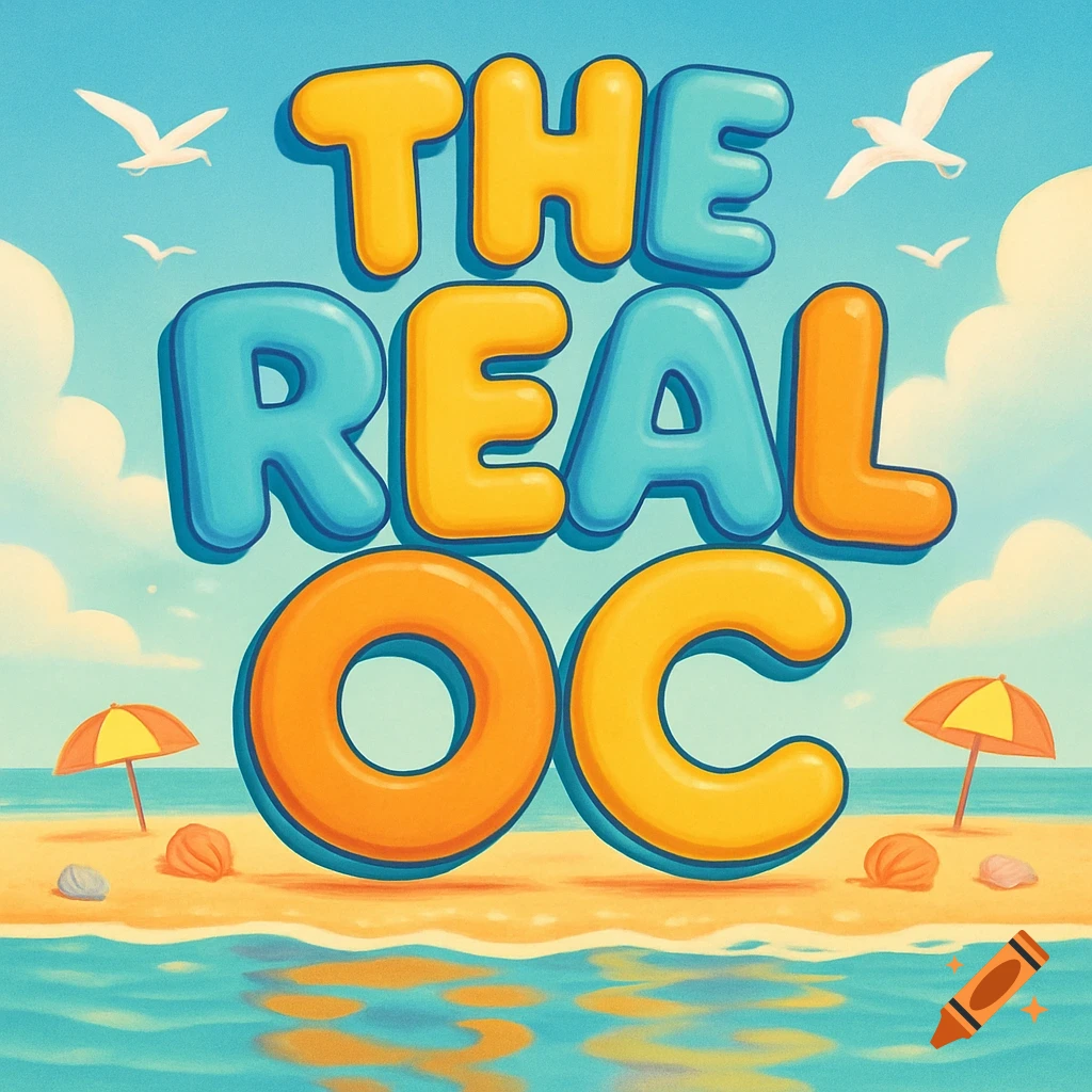Whimsical cartoon illustration of the text 'THE REAL OC' in large, bubbly orange and blue letters on a sunny beach with seagulls, umbrellas, and ocean.