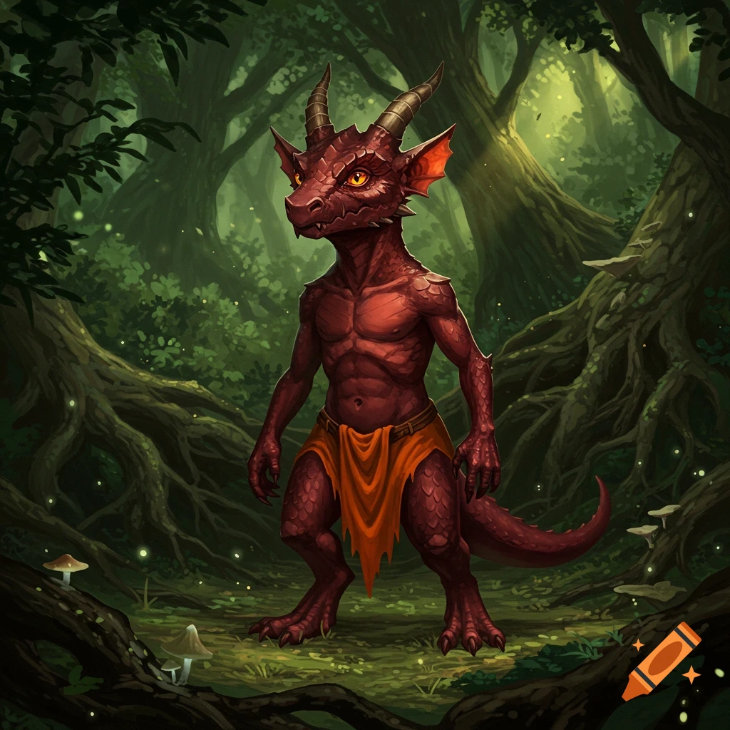 A red-scaled Kobold with horns and amber eyes, wearing an orange loincloth, stands in a lush, magical forest.