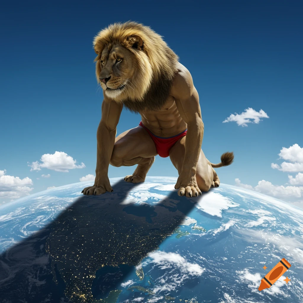 Gigantic photorealistic anthropomorphic lion in a red speedo kneeling on top of Earth, dwarfing North America below, under a blue sky.