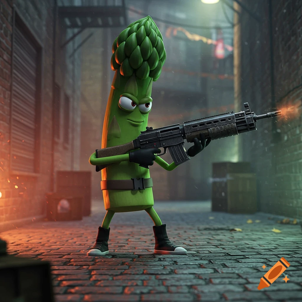A cartoon asparagus character with an angry expression holds a rifle with muzzle flash in a dark, gritty alley.