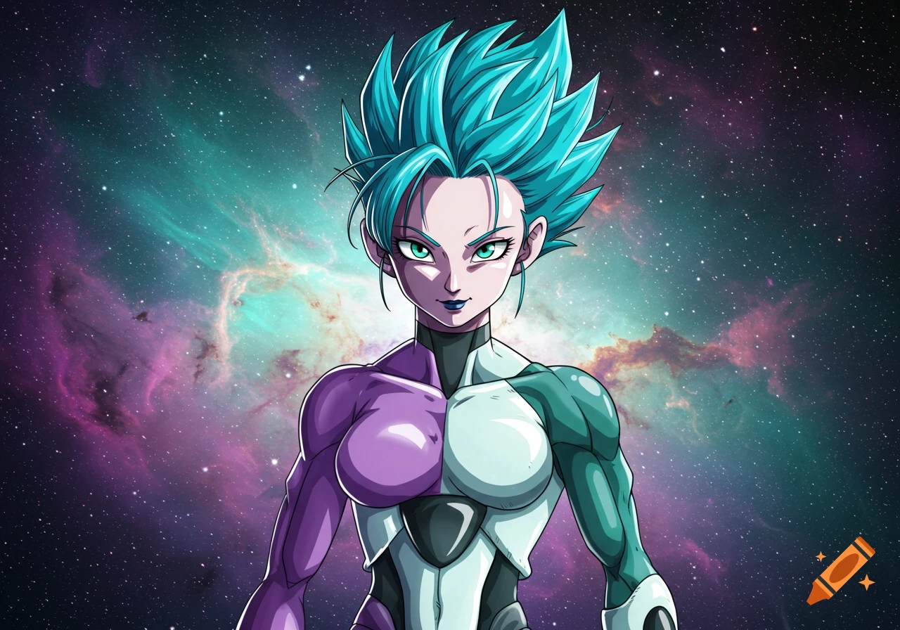 A fusion character with spiky blue hair, split purple and white/green armor, stands in front of a colorful nebula.