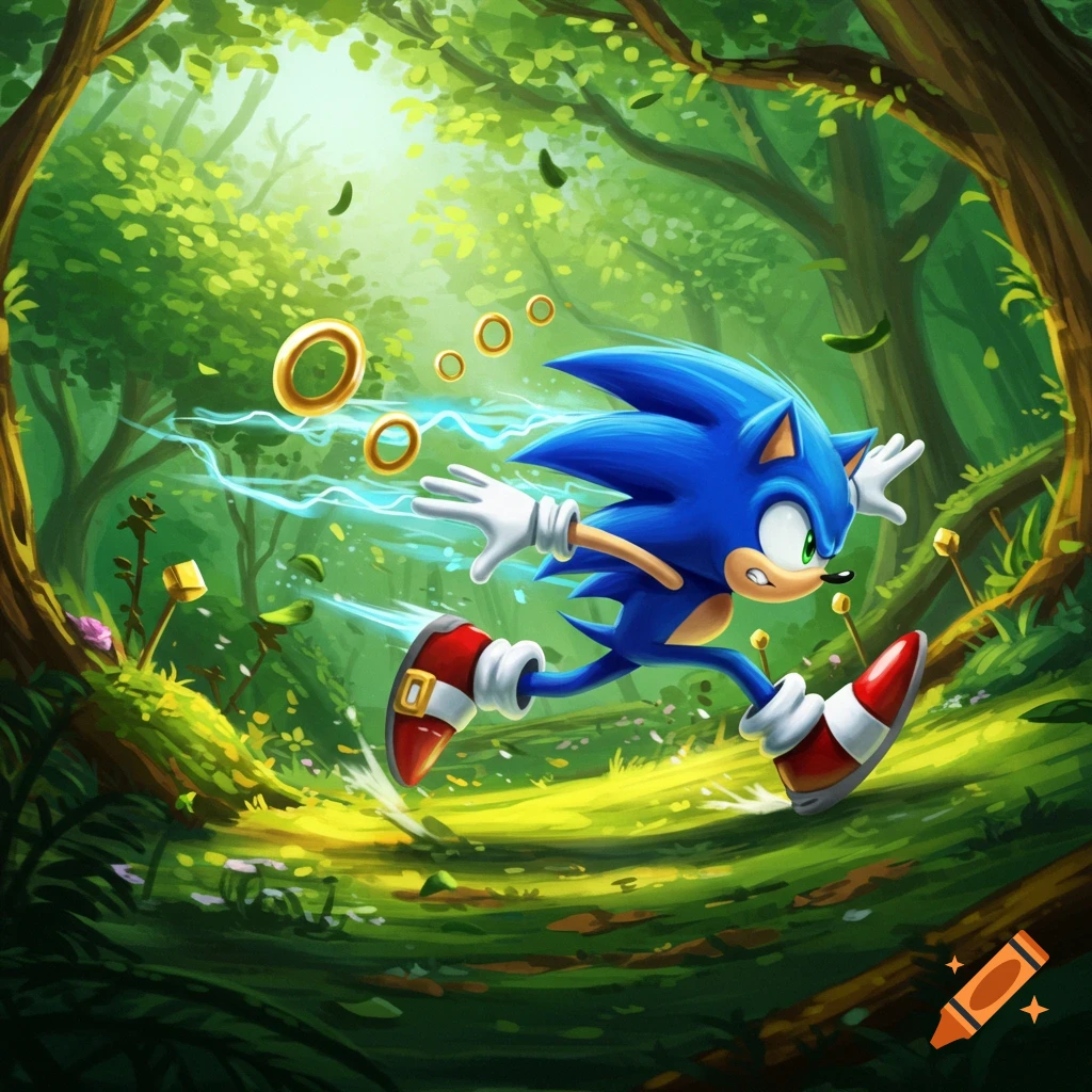 Sonic the Hedgehog dashes through a vibrant green forest with a blue streak, collecting golden rings in a stylized illustration.