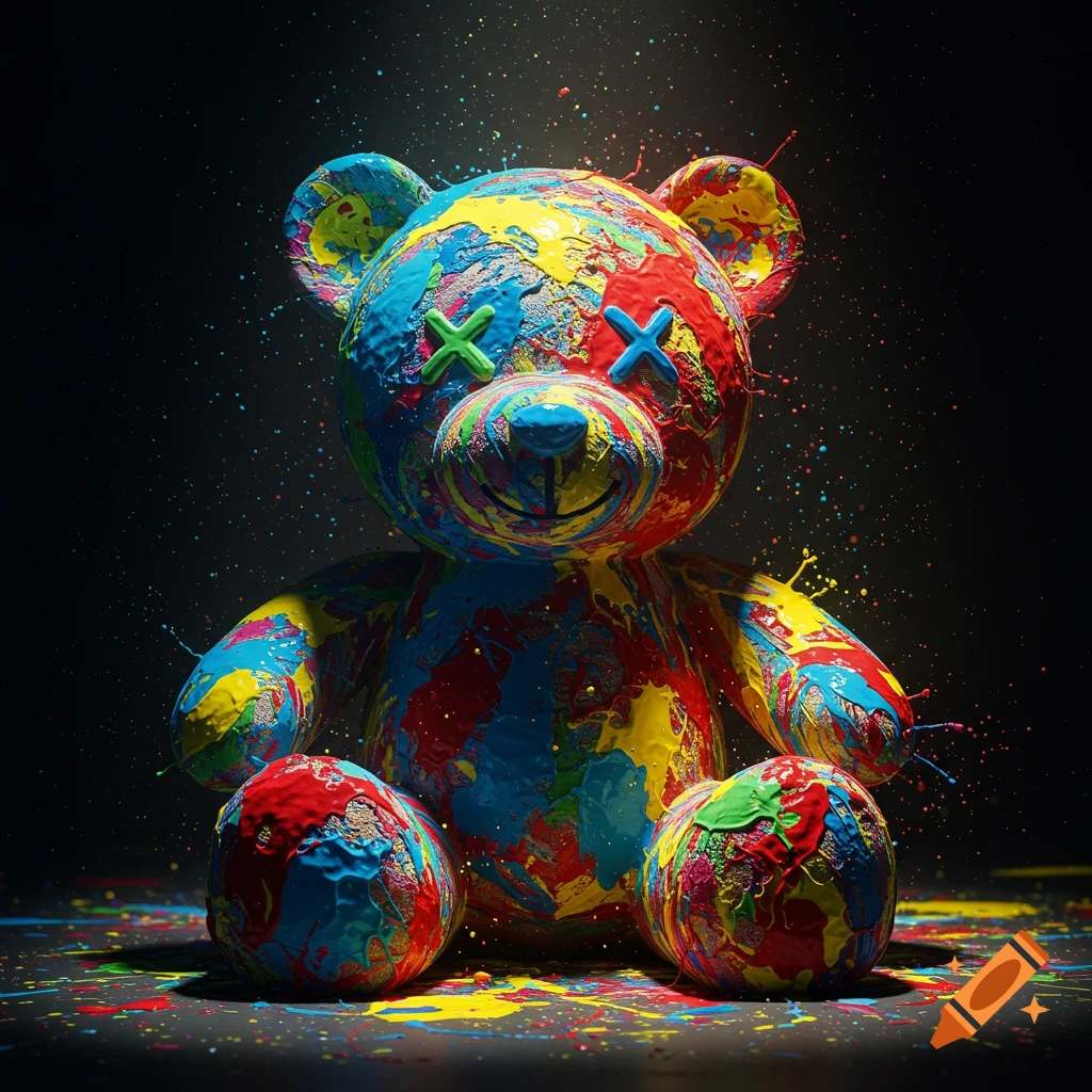 A teddy bear splattered with bright blue, red, yellow, and green paint, has X-shaped eyes, on a dark background.
