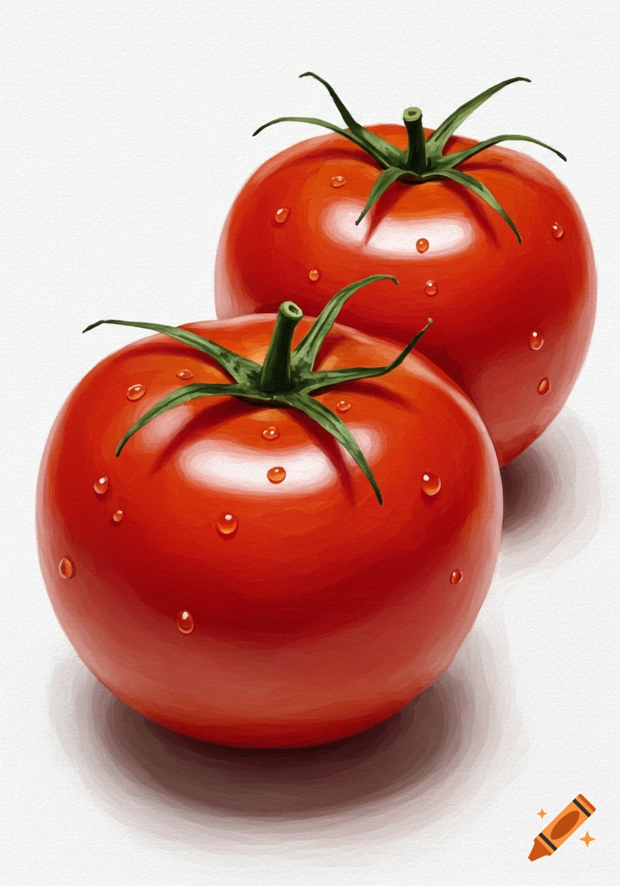 Digital painting of two shiny red tomatoes with water droplets on a white background.