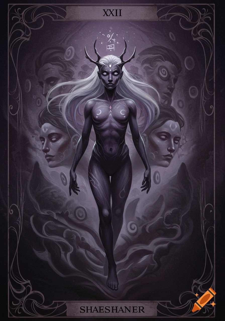 Dark fantasy tarot card depicting a horned, pale-haired figure with glowing eyes, surrounded by shadowy faces.