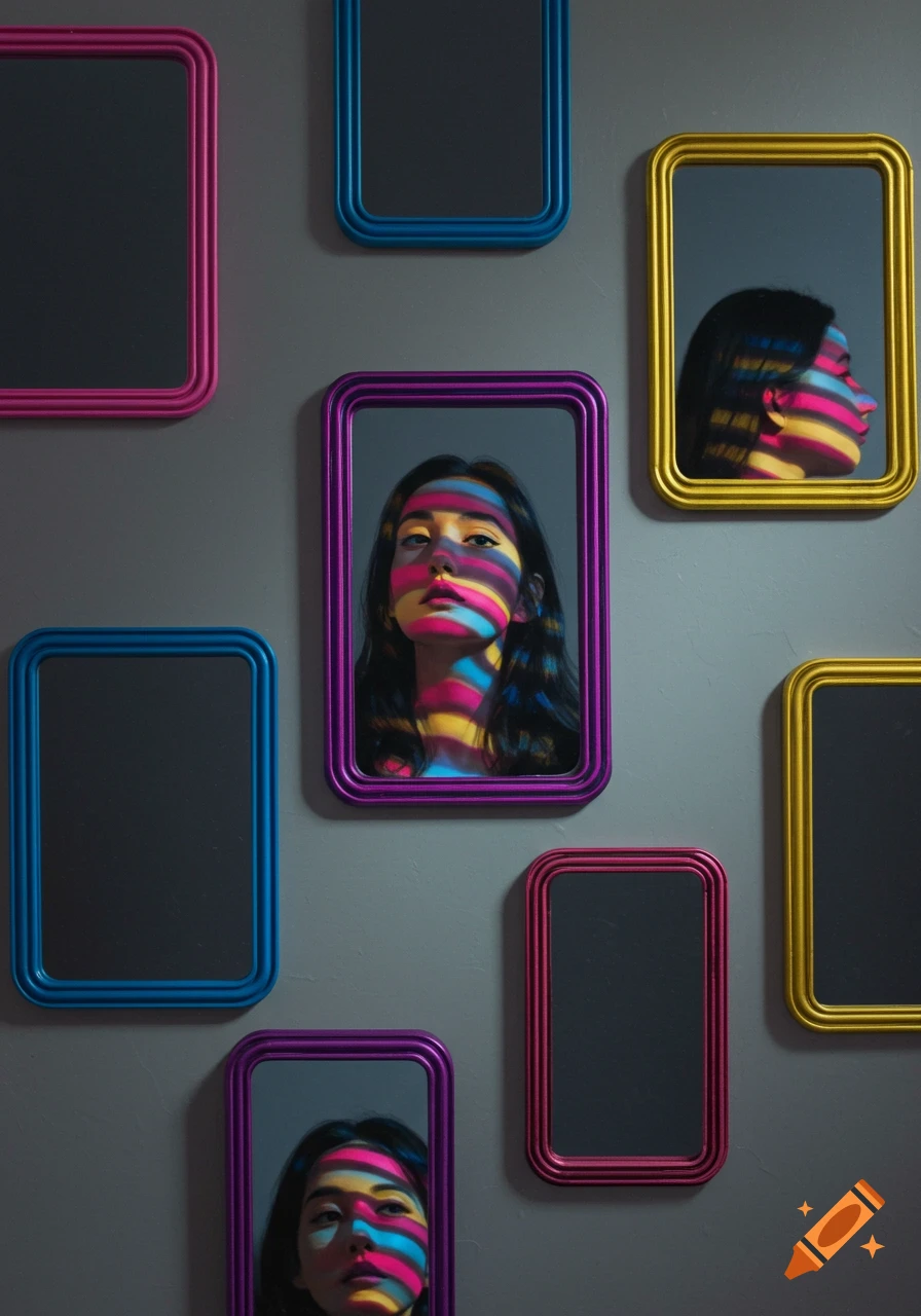 Woman's face and profile with colorful light stripes reflected in multiple framed mirrors on a gray wall.