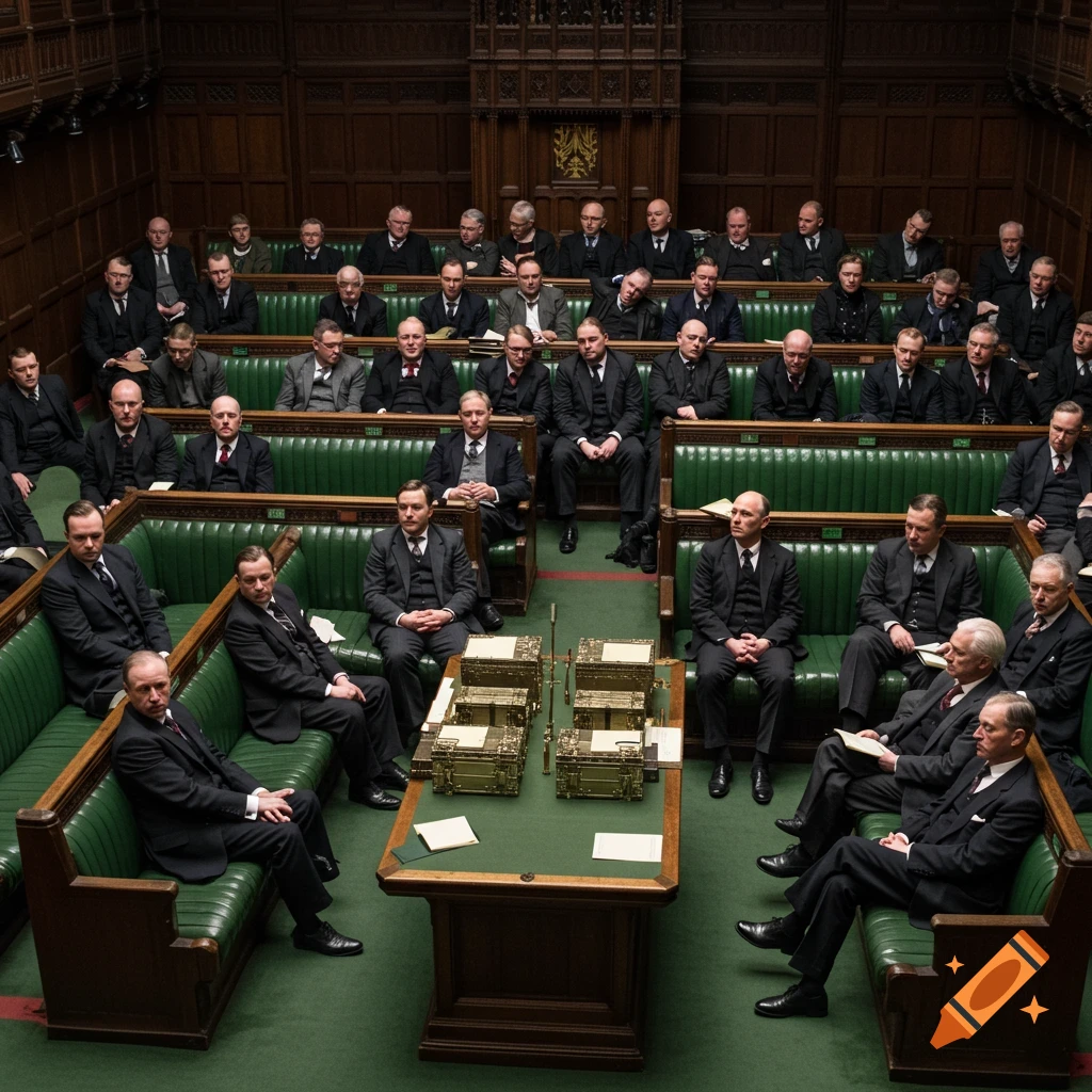 Photorealistic image of men in suits sitting on green leather benches in a wood-paneled parliamentary chamber, resembling the House of Commons in the 1940s.