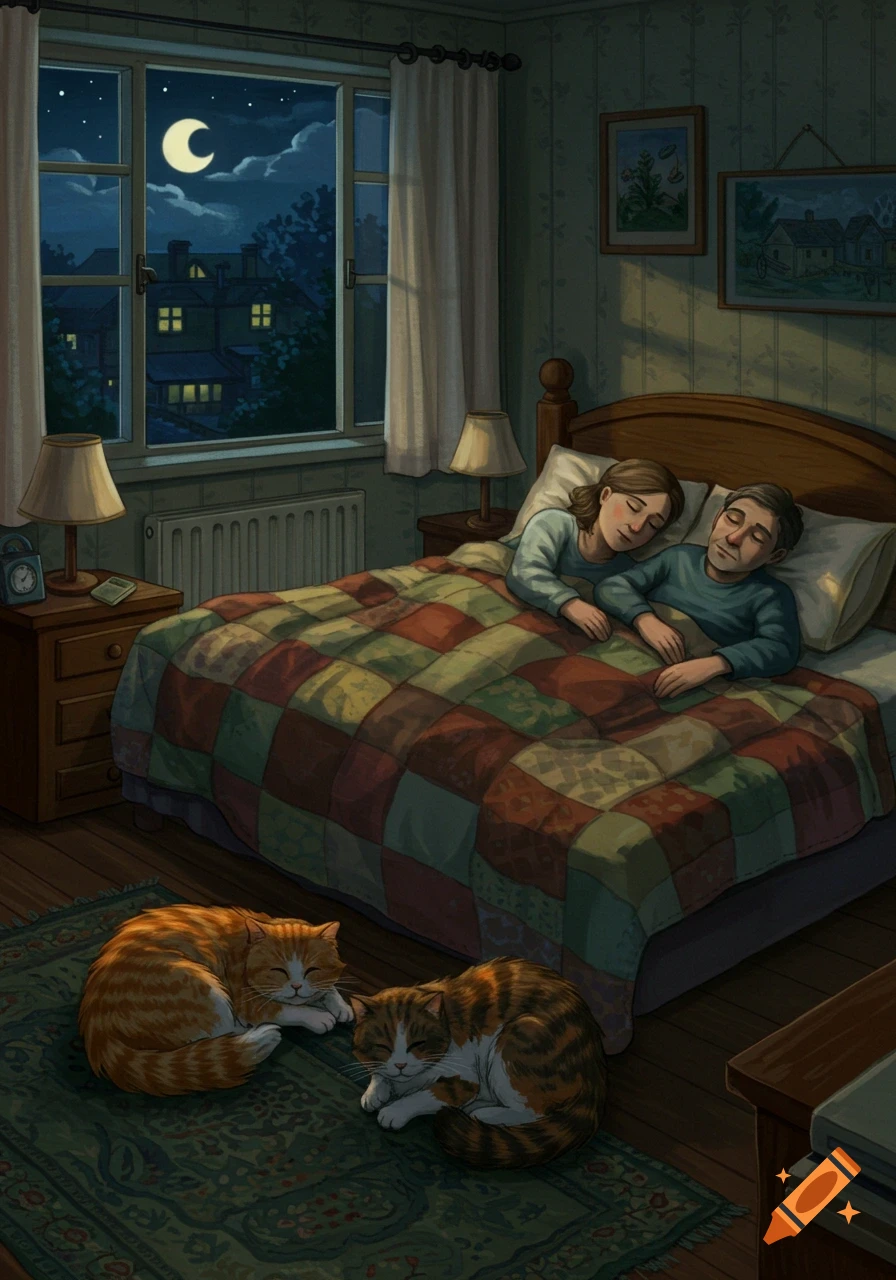 A couple sleeps in a cozy bedroom at night, with two sleeping cats on a rug. Moonlight streams through the window.