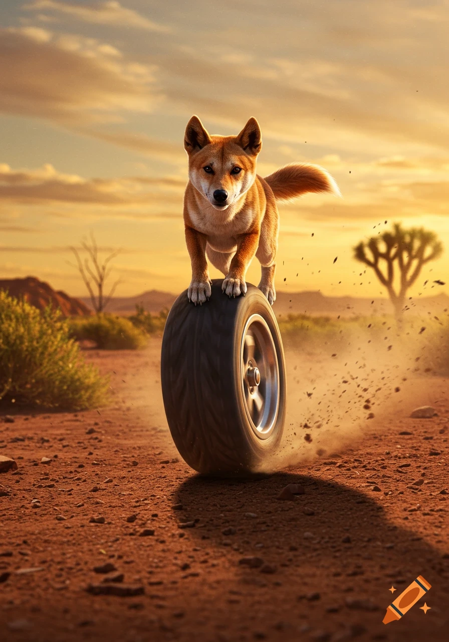 A dingo balances on a rolling car wheel, kicking up dust in a golden desert landscape at sunset.