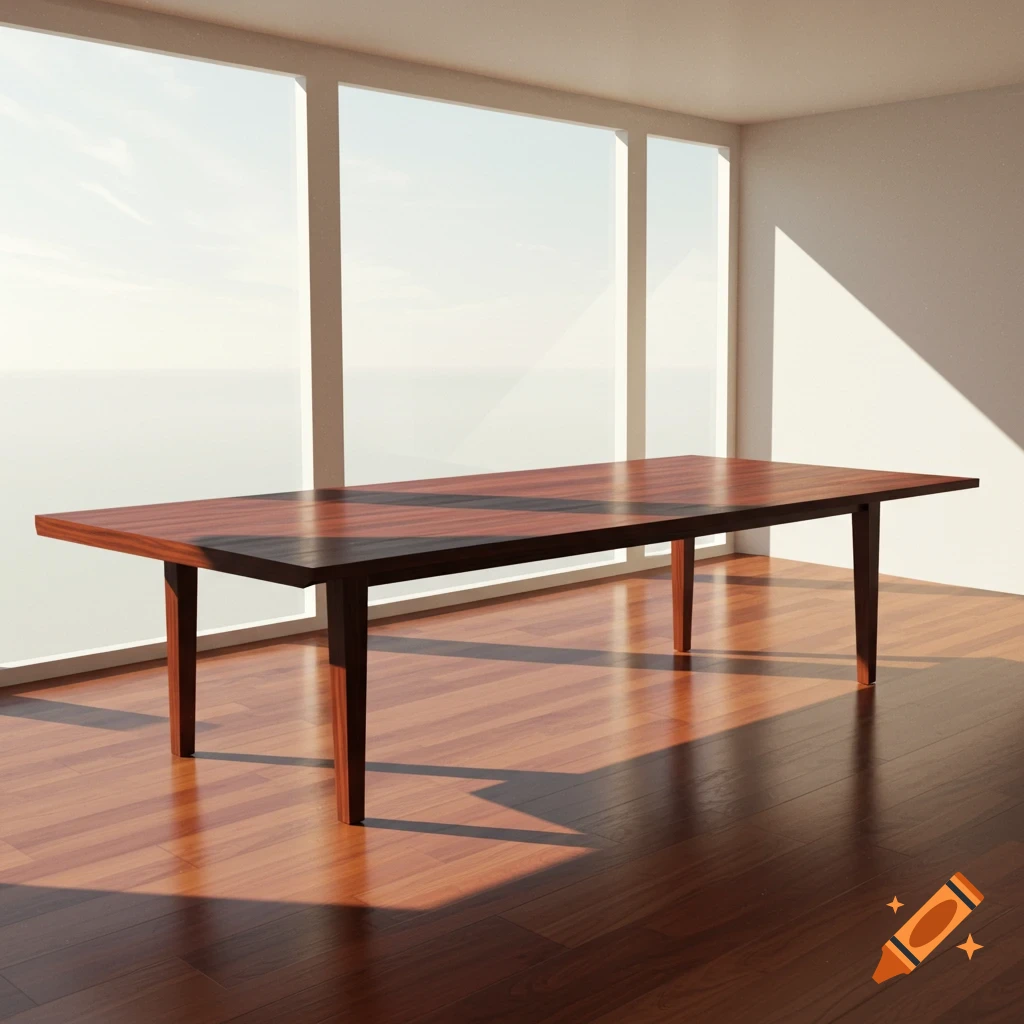 Photorealistic image of a long, dark wood dining table with a lighter wood border, on a polished wooden floor in a sunlit room with large windows.