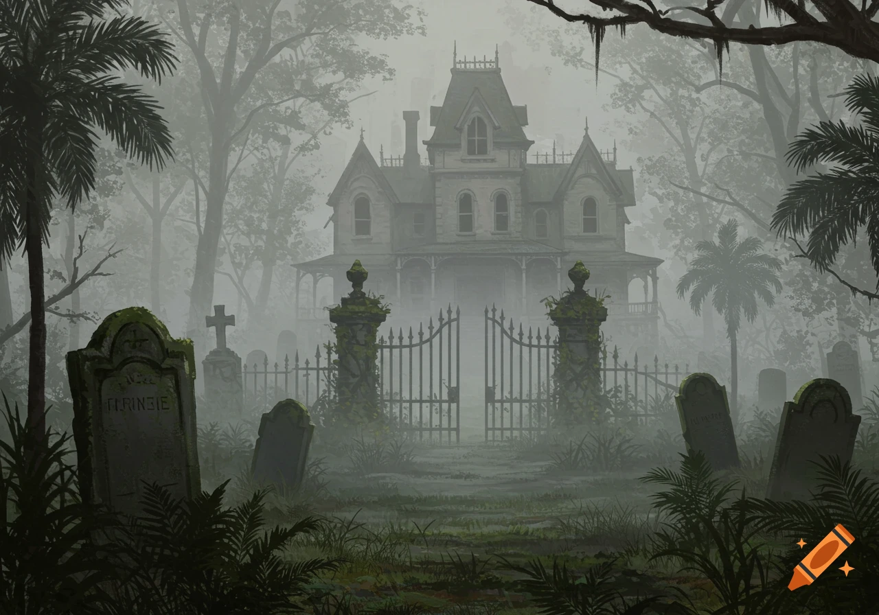 A foggy graveyard with gravestones and tropical plants in the foreground, leading to a large, spooky gothic mansion behind an open gate.