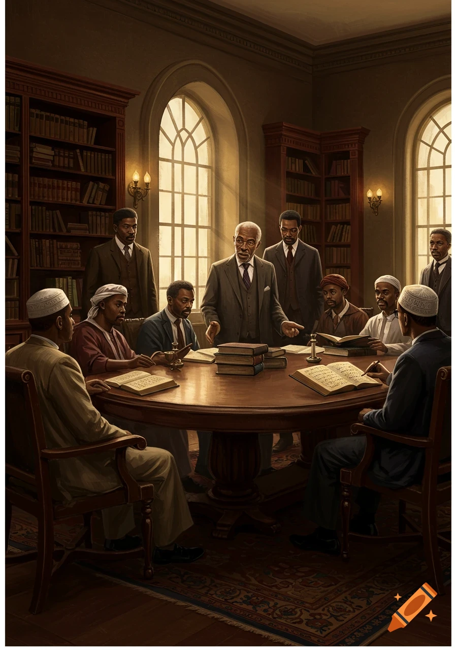 A group of Black American scholars gathered around a large wooden table in a library, listening intently to an old wise speaker.