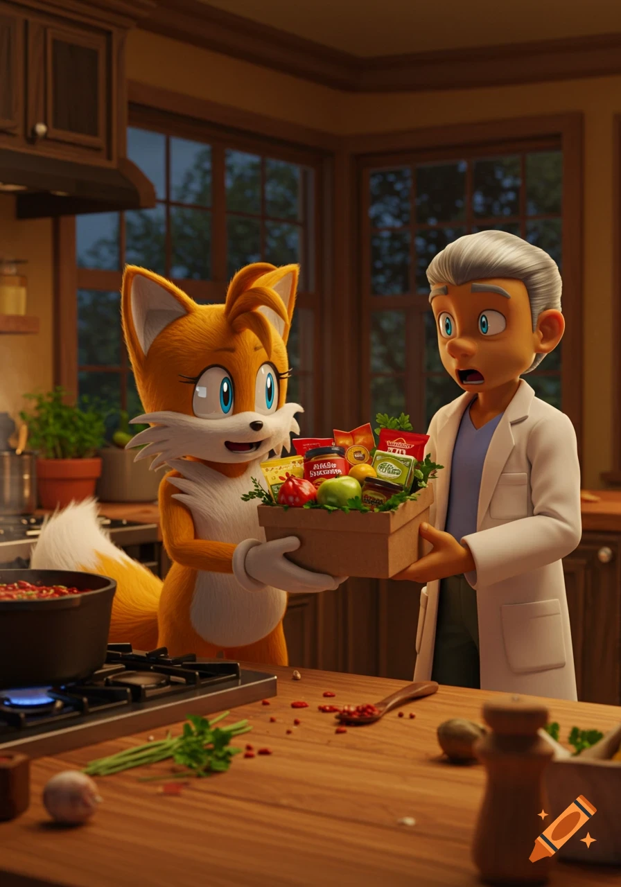 Tails, an anthropomorphic fox, gives a gift box of groceries to Professor Oak in a kitchen, with a pot of chili on the stove.