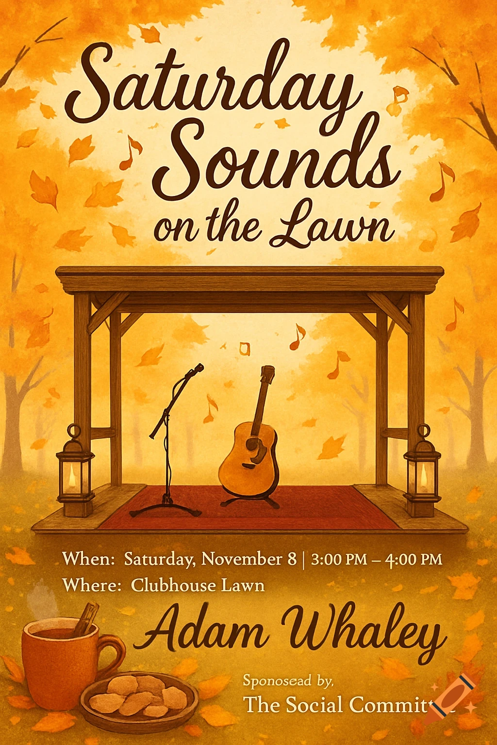 Autumn-themed flyer for "Saturday Sounds on the Lawn" music event, showing a stage with a guitar and microphone, a cup of coffee, and cookies, with falling leaves.