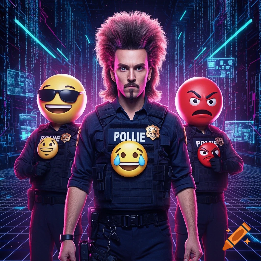 A man with a big mullet and two emoji-headed figures in tactical vests pose against a neon cyber background.