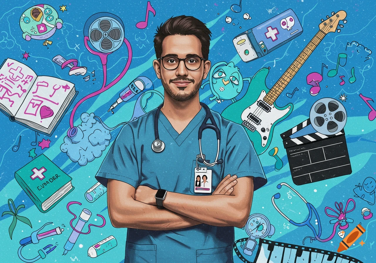 Cartoon illustration of a male nurse with glasses and a stethoscope, surrounded by floating medical, music, and film items.