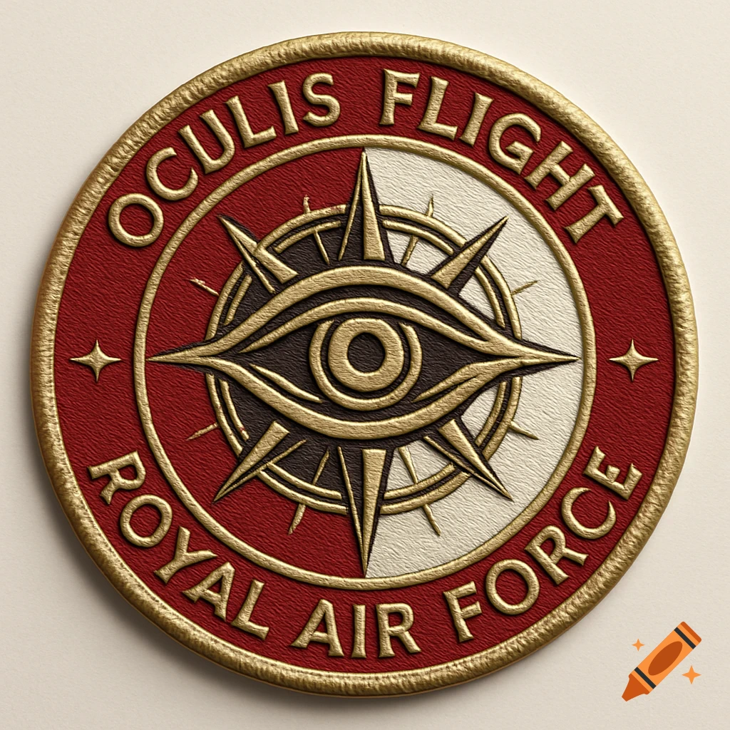 A round red and gold badge with a stylized eye and compass in the center, encircled by the text "OCULIS FLIGHT ROYAL AIR FORCE".