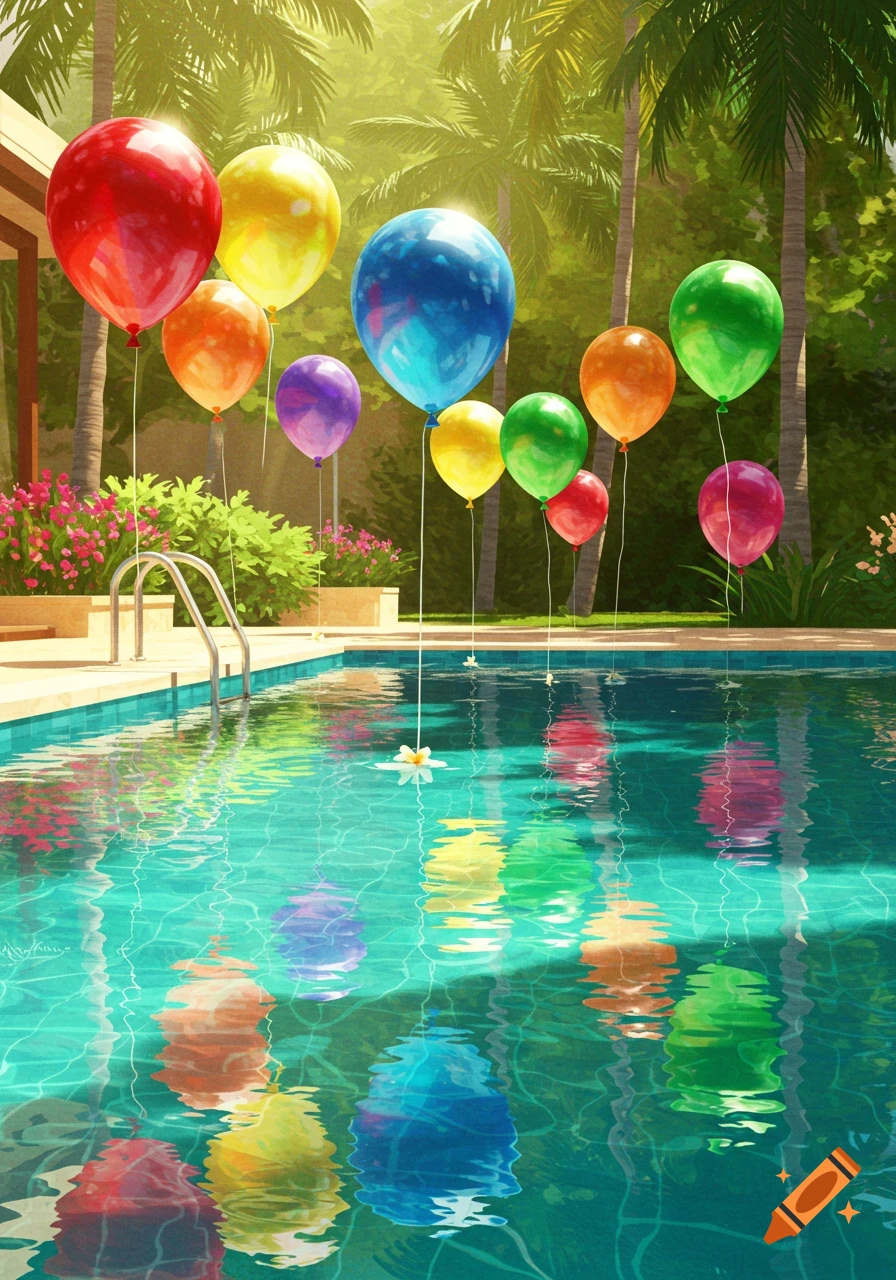 Colorful balloons float above a blue swimming pool, reflecting in the water, surrounded by palm trees and lush greenery.