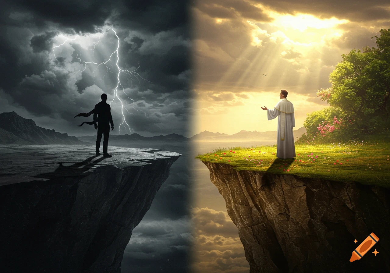 A split image showing two cliffs. One side is dark and stormy with a man in silhouette; the other is bright and peaceful with a priest.