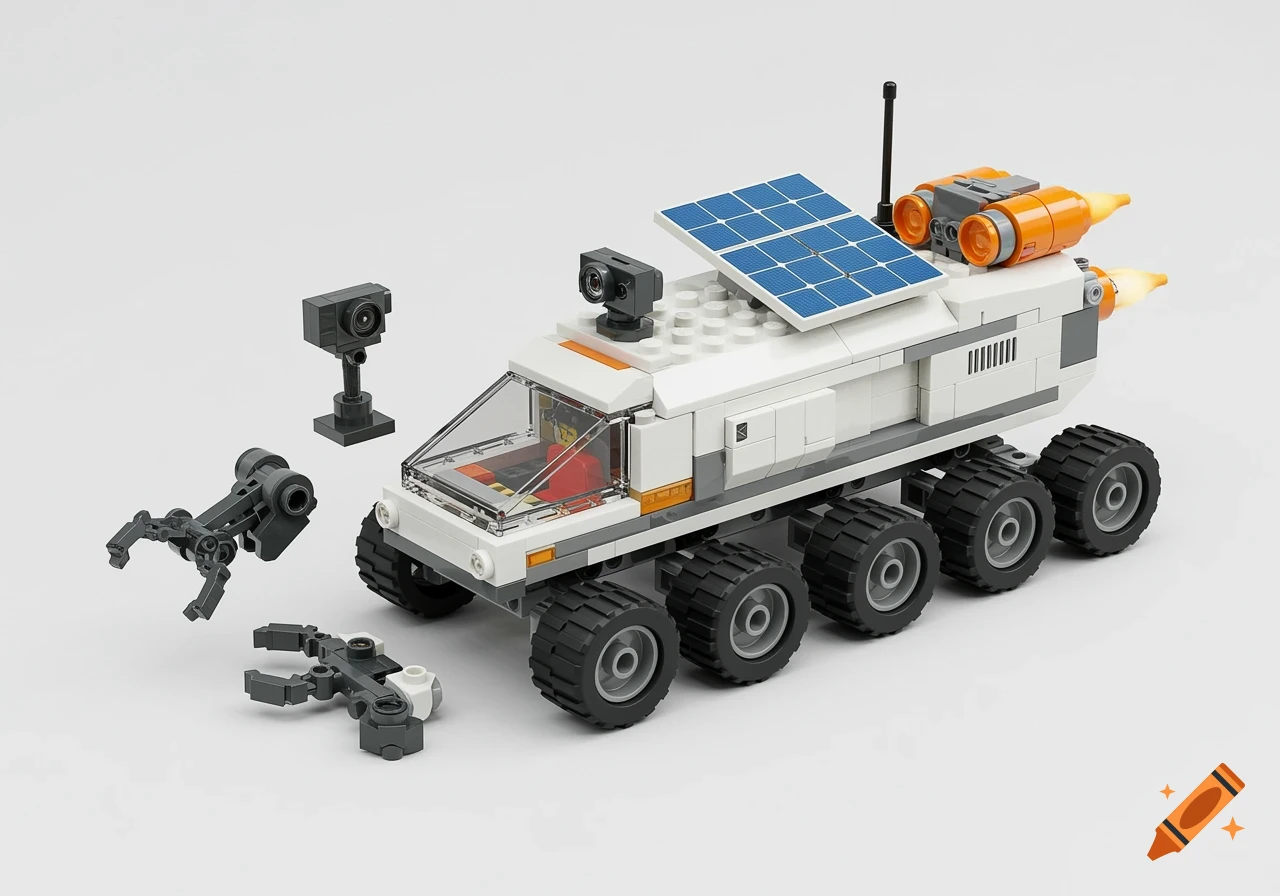 A white and gray Lego futuristic rover with multiple wheels, a blue solar panel, antenna, and two detached robotic arms on a white background.