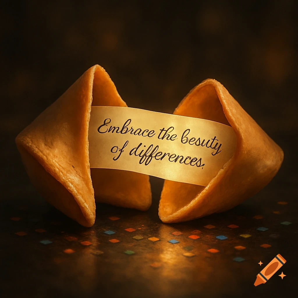 A close-up of a fortune cookie with a paper fortune inside, reading 'Embrace the besuty of differences.'