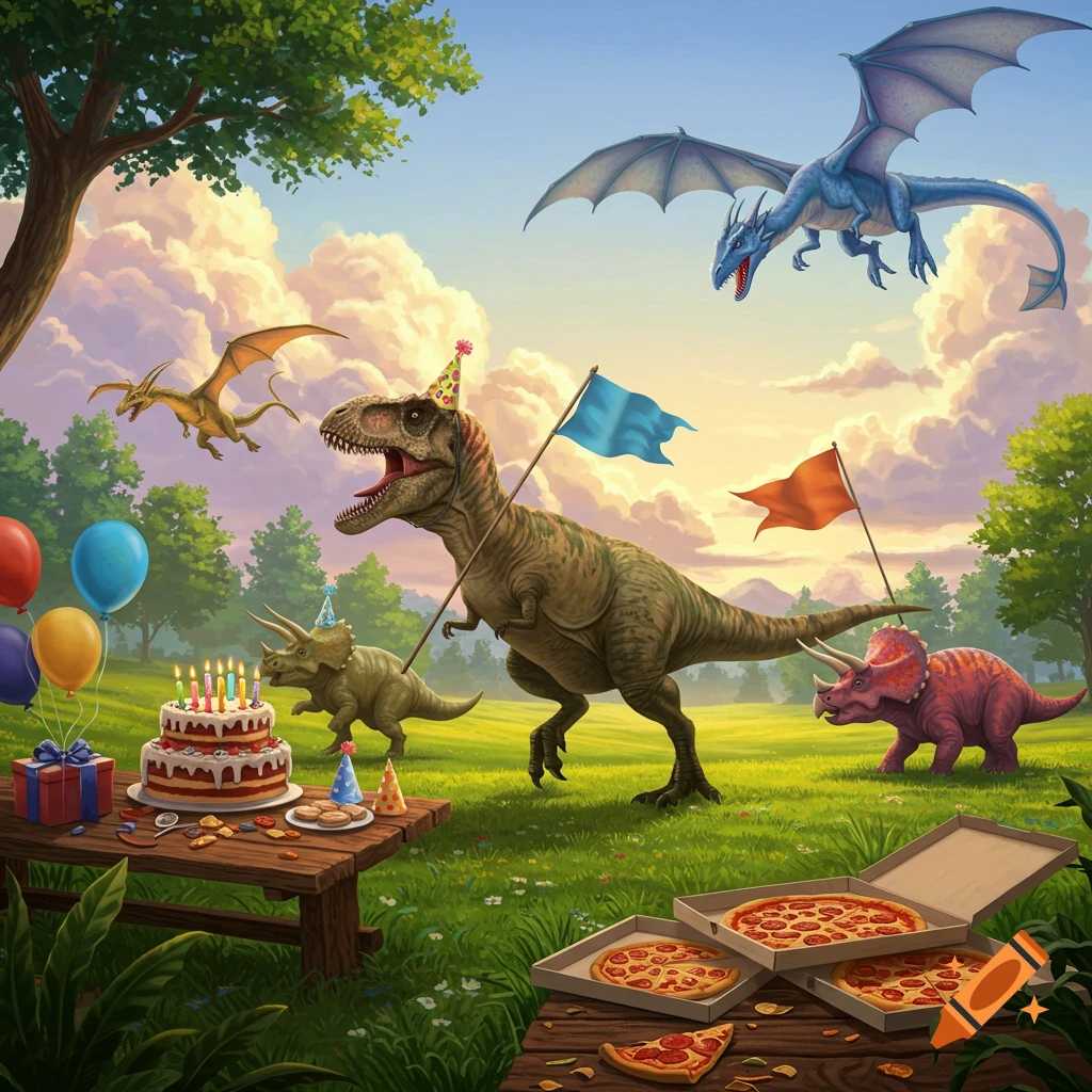 A colorful illustration of dinosaurs and dragons at a birthday party with cake, balloons, gifts, and pizza in a green field.