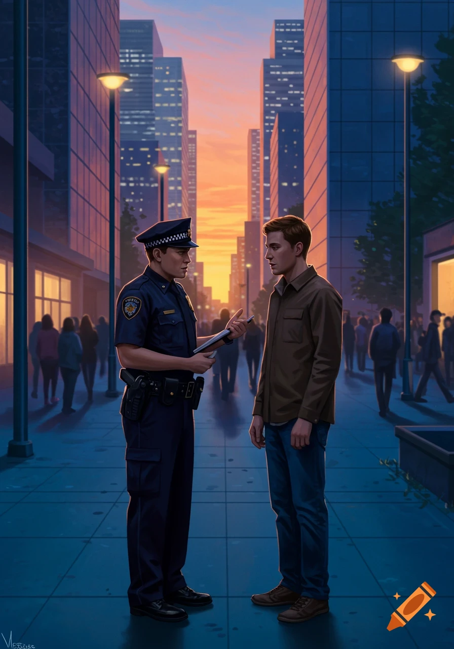 A police officer in uniform talks to a man in a brown shirt on a city street at sunset, with tall buildings in the background. Illustration style.