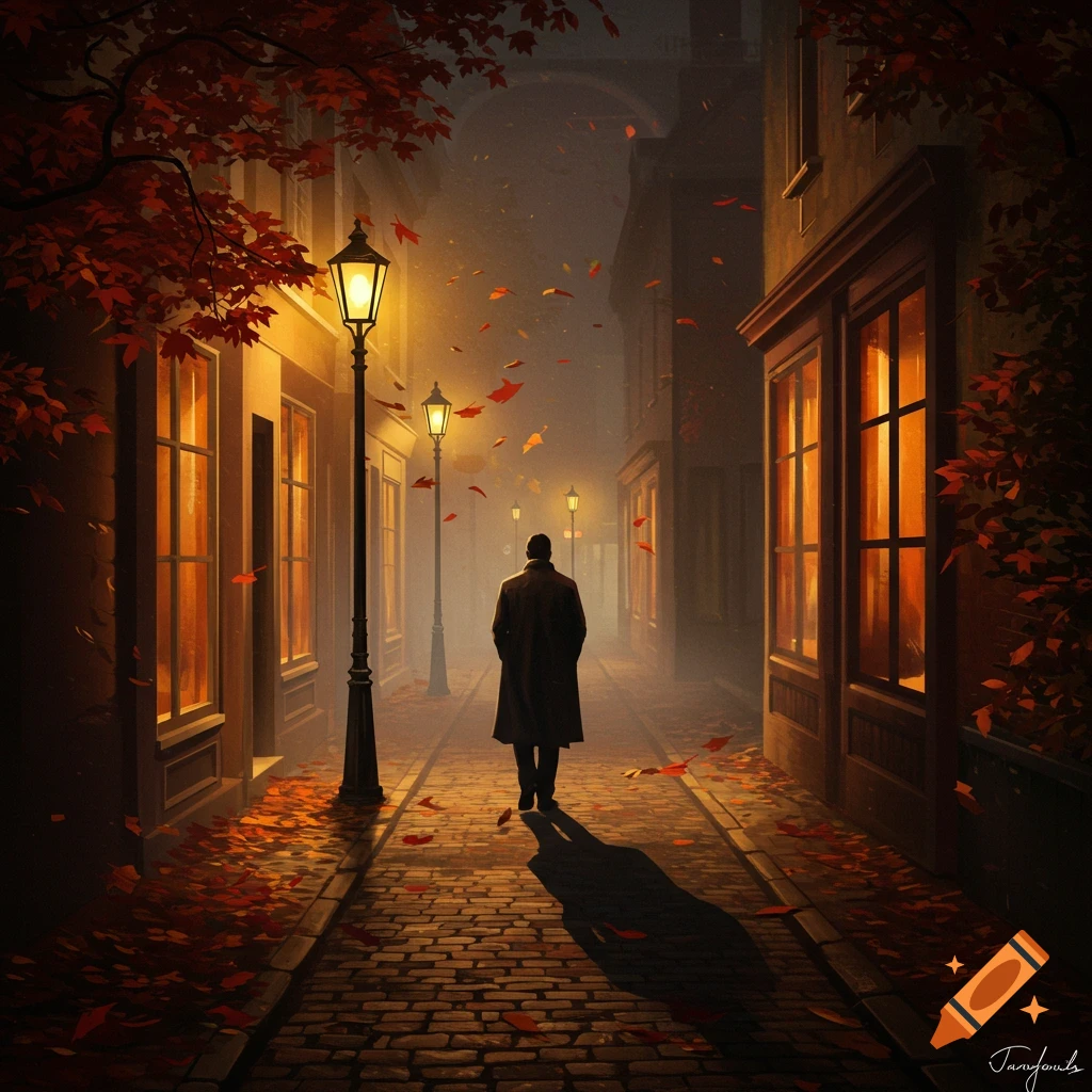 A man in a trench coat walks down a foggy, lamp-lit cobblestone street with red autumn leaves scattered about.