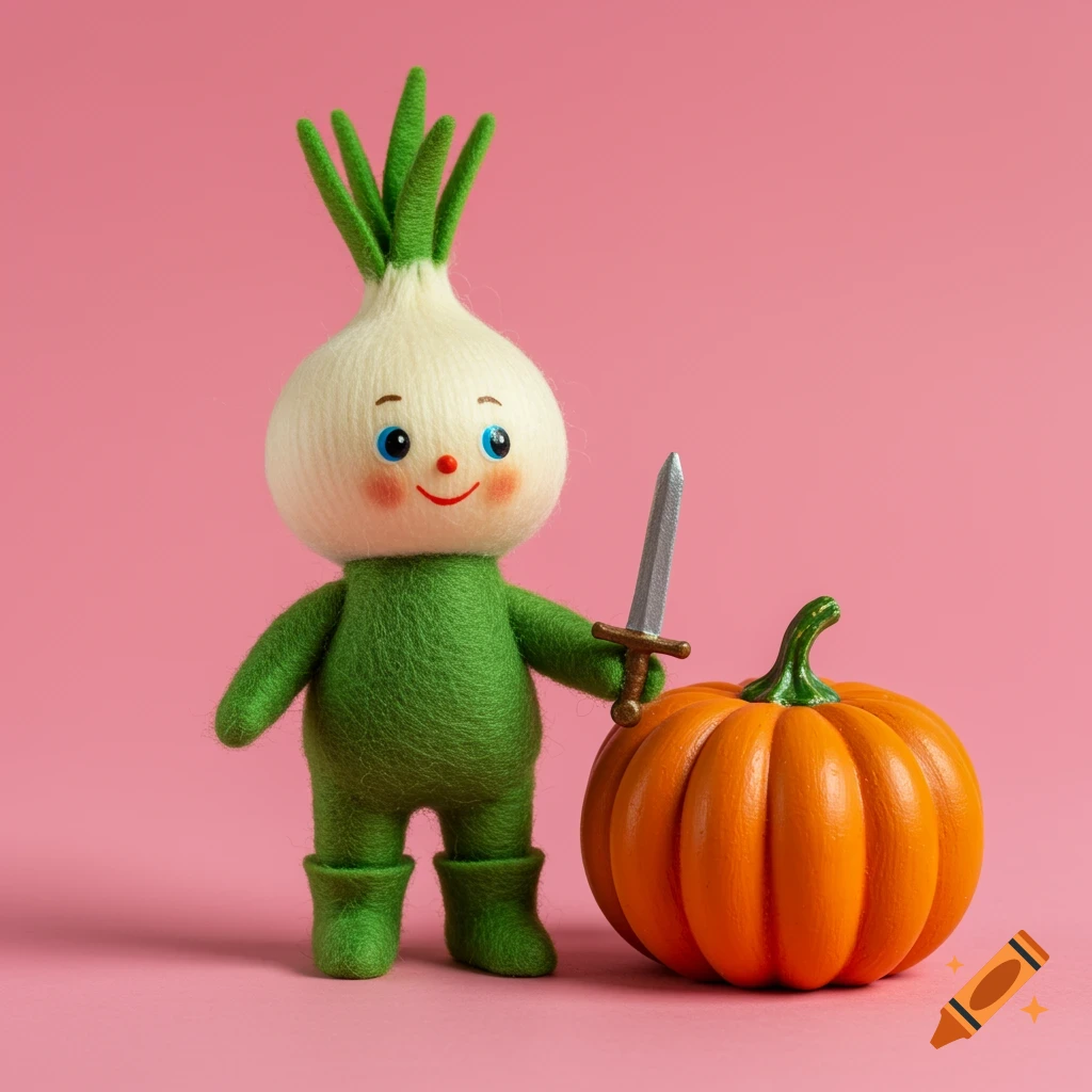 A charming felt onion character with a sword stands next to an orange pumpkin on a pink background, in a naive art style.