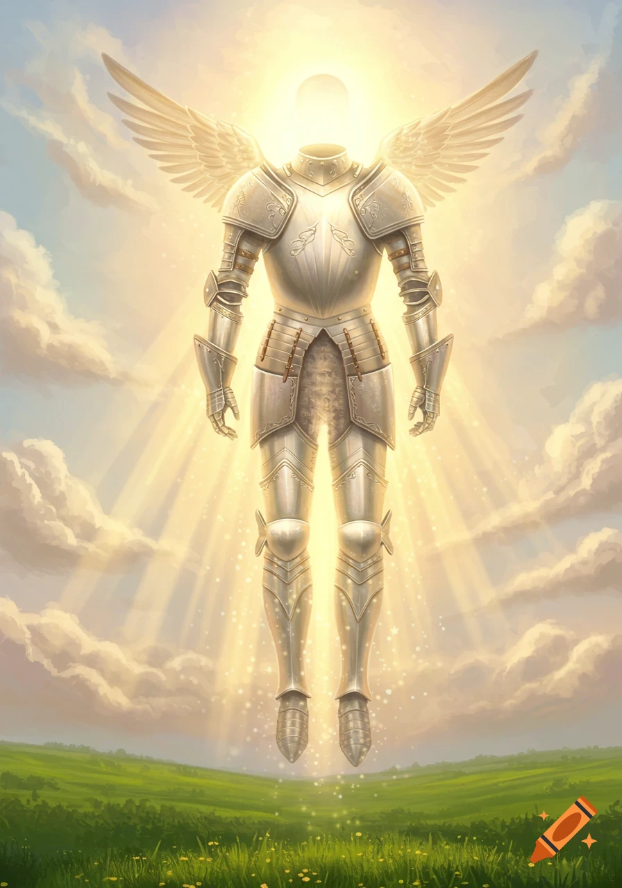 A shiny, ornate angelic suit of armor with wings floats amidst golden rays of light above a green, grassy field, under a cloudy sky.