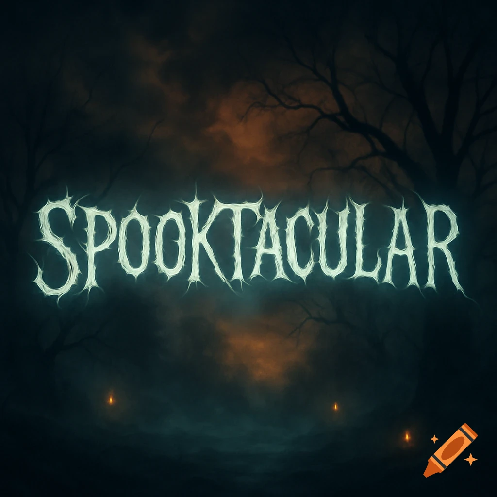 The word 'SPOOKTACULAR' in a scary, glowing font against a dark, eerie forest background with glowing embers.