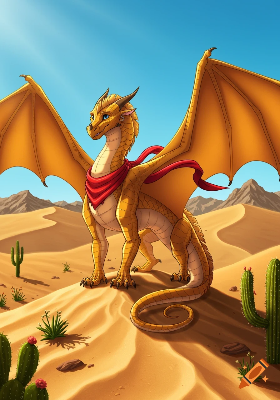 A majestic golden dragon with a red scarf stands in a sandy desert with cacti and mountains under a blue sky, in a cartoon style.