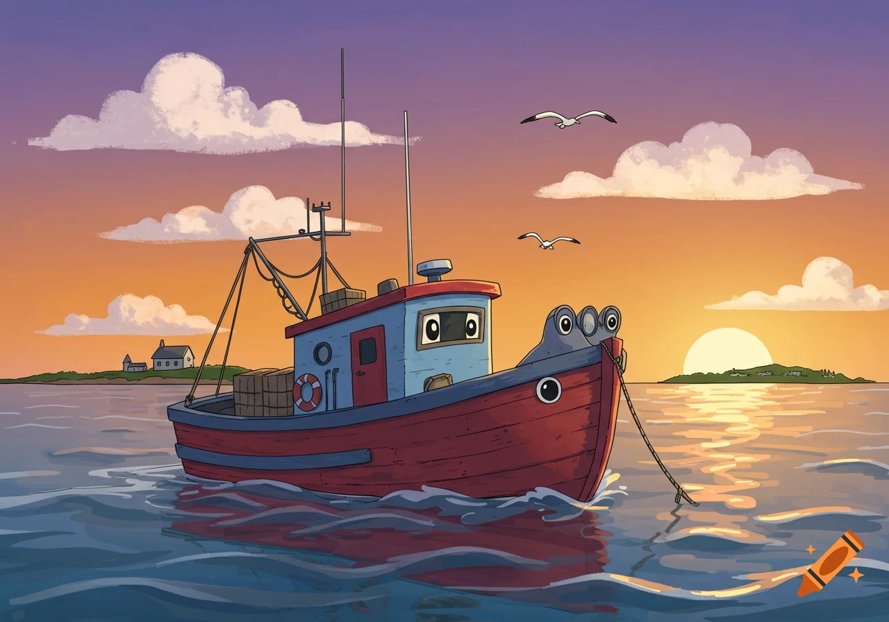 A cartoon fishing boat with a face floats on the ocean at sunset with seagulls and an island in the background.