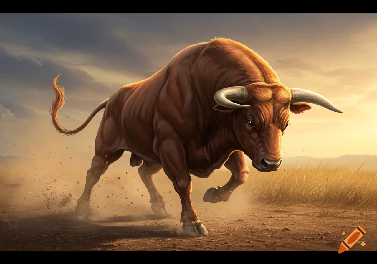 A powerful, muscular brown bull charges through a dusty field at sunset in a dynamic illustration.