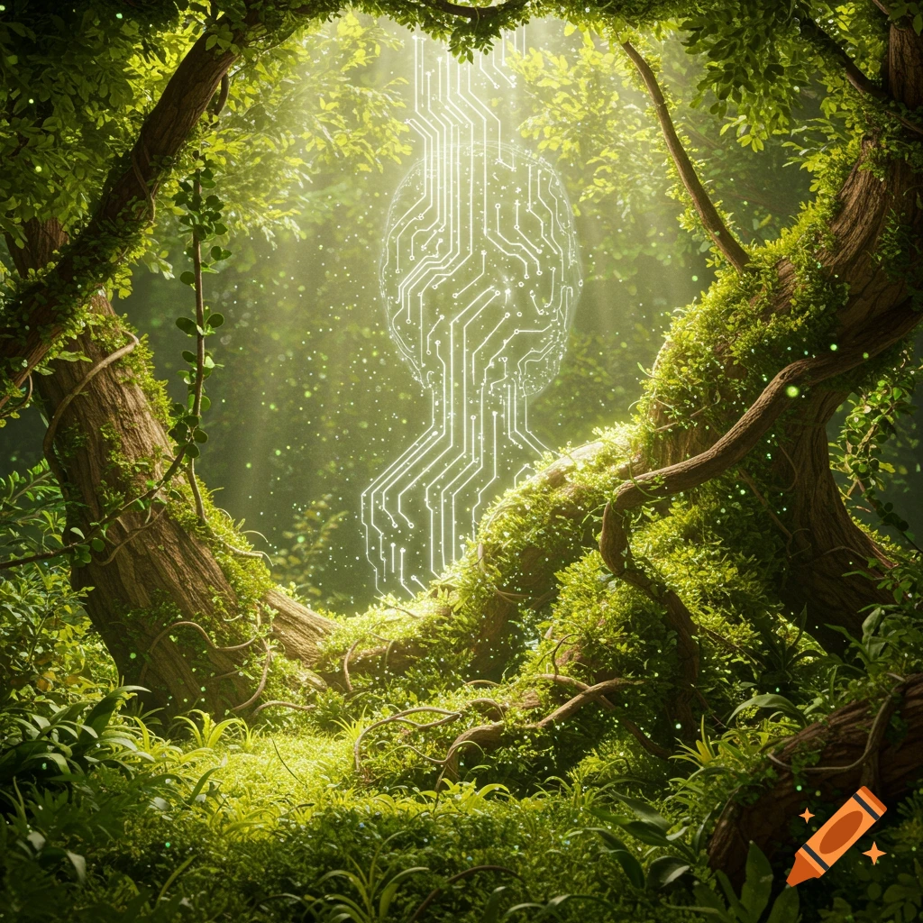 Lush green forest with glowing circuit board in the shape of a human head, blending nature and technology.