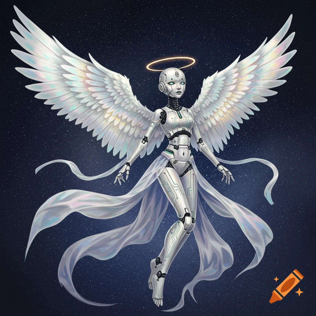 Anime-style robotic angel with white wings, a golden halo, and flowing white fabric, floating against a starry dark background.