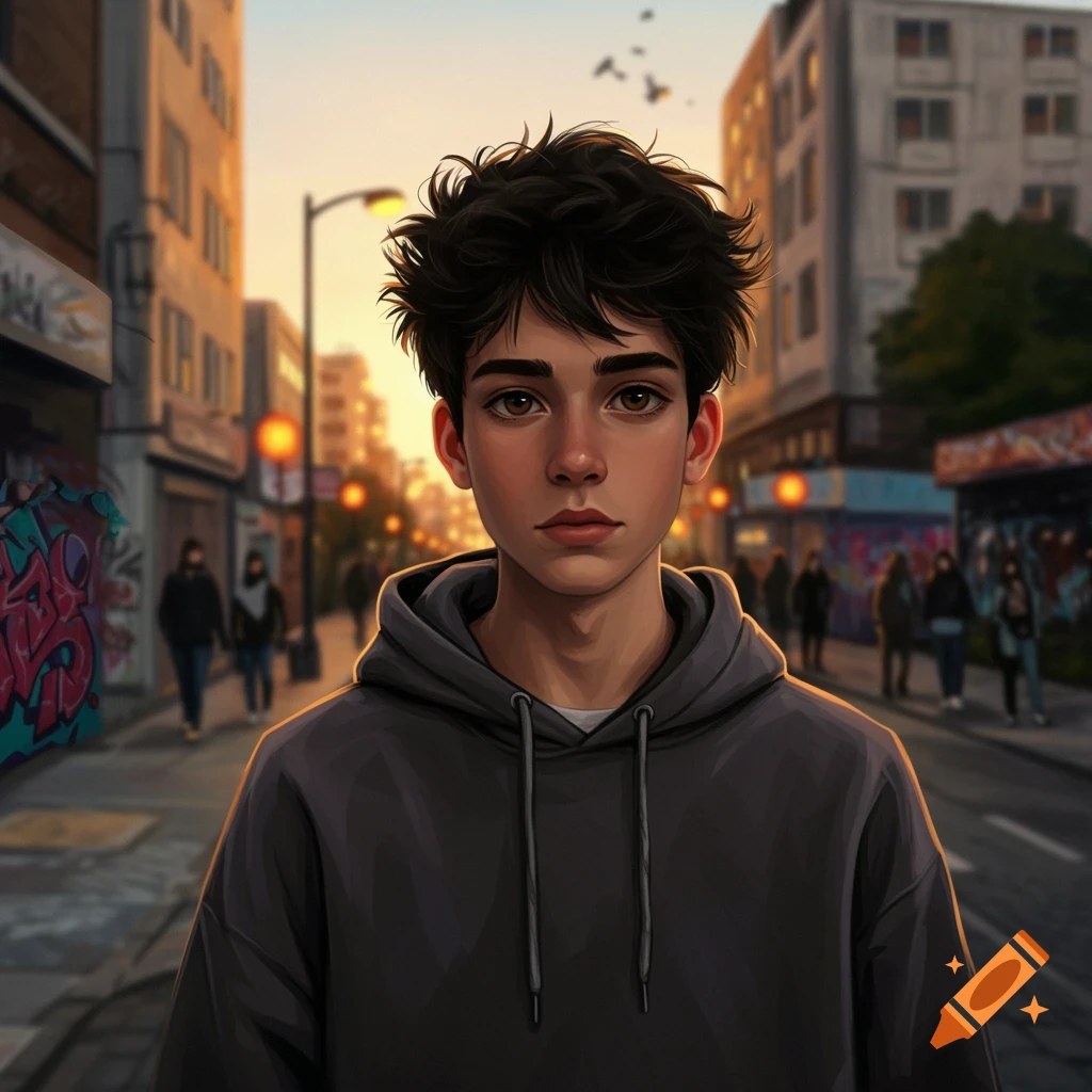 Digital art portrait of a young boy with dark curly hair in a grey hoodie, standing on an urban street at sunset.