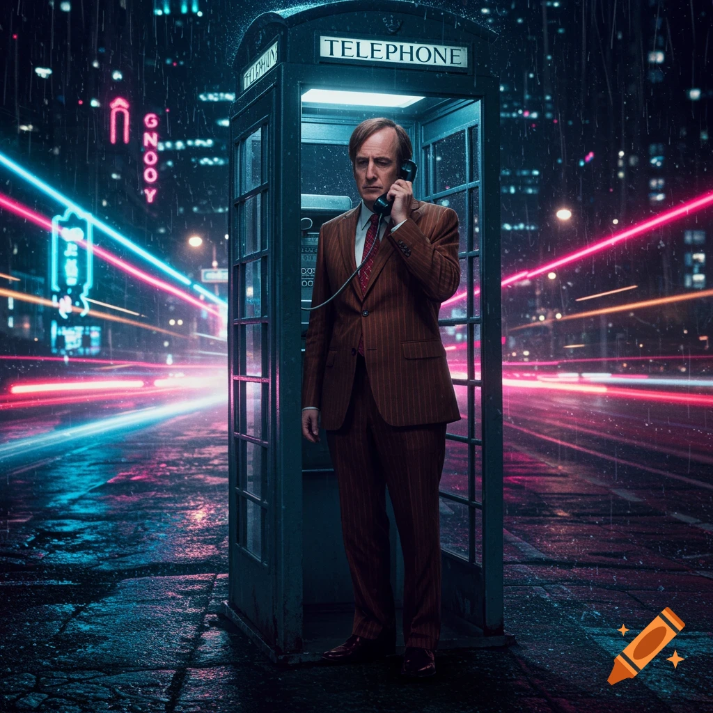 Saul Goodman stands in a vintage telephone booth in a rainy neon-lit city street at night, talking on the phone. Photorealistic style.