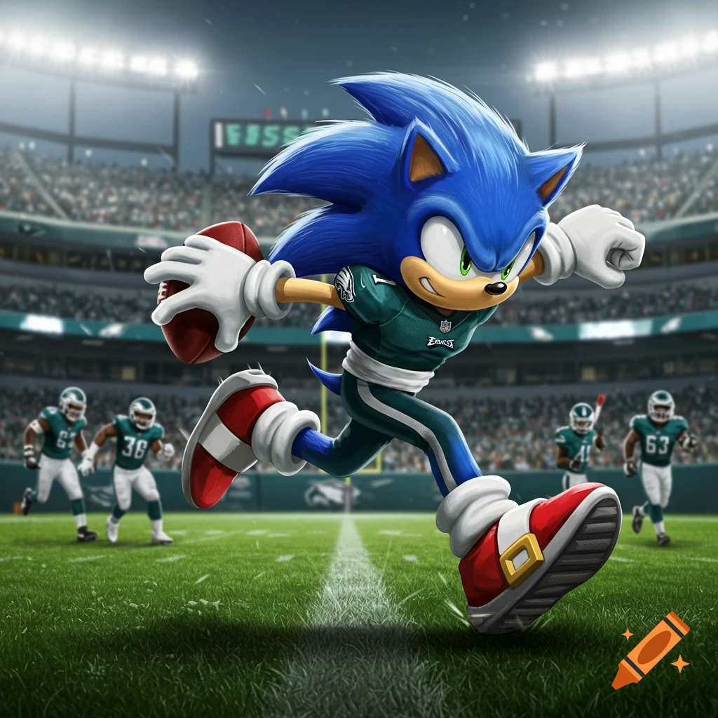 Sonic the Hedgehog, wearing a Philadelphia Eagles football uniform, runs with a football across a stadium field, pursued by other players.