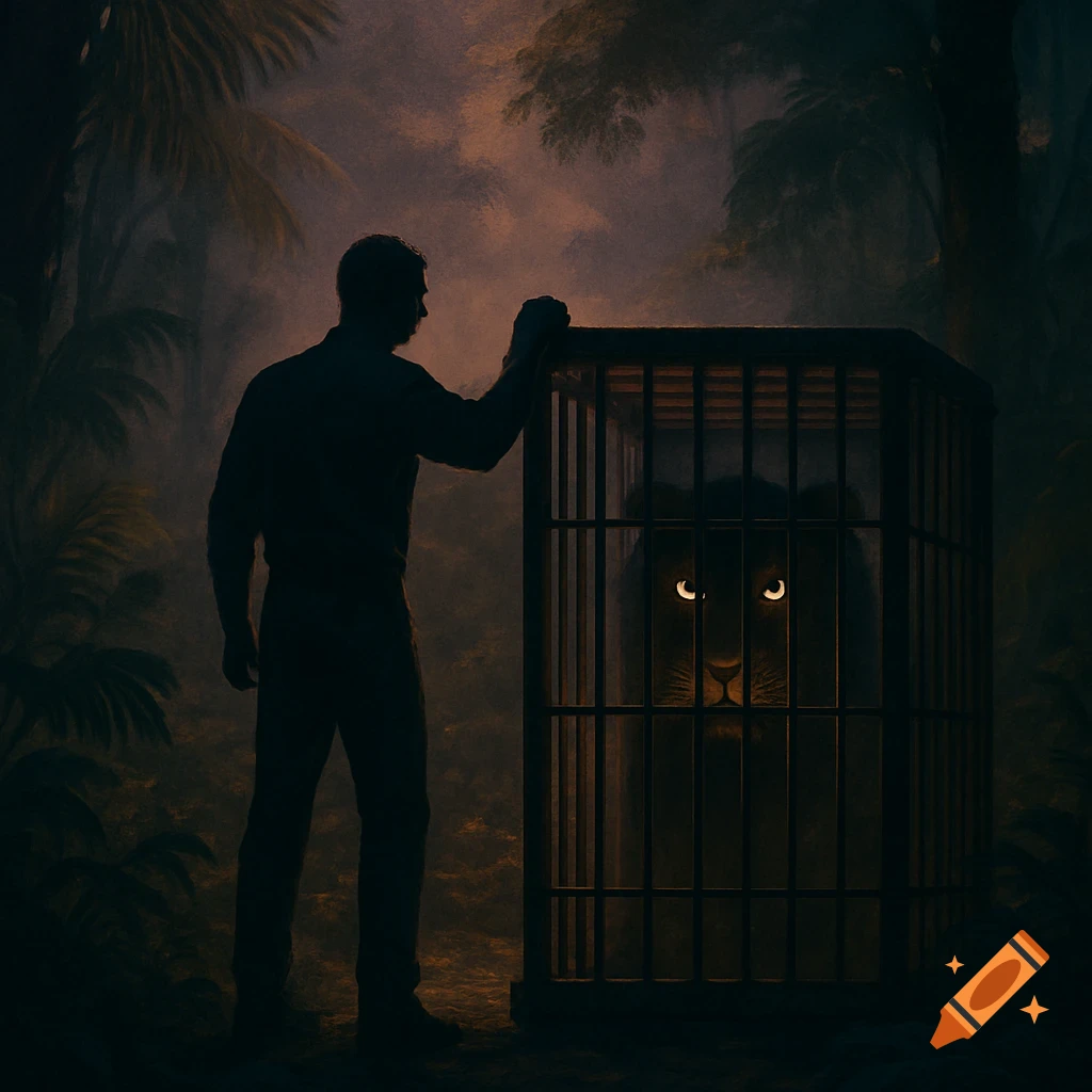 A man in silhouette stands next to a cage in a dark jungle, holding its top, with a lion with glowing eyes inside.