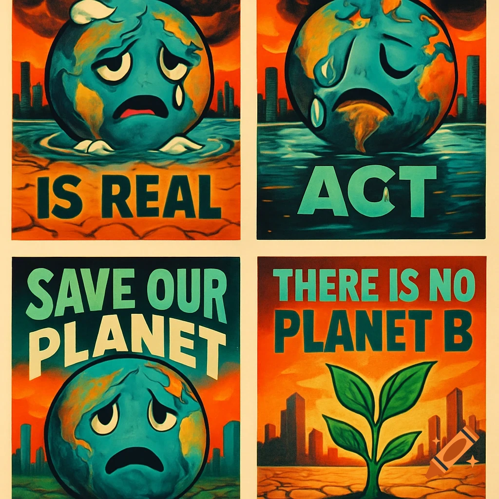 Four vintage-style climate change posters showing crying Earths and a plant, with messages including 'SAVE OUR PLANET' and 'THERE IS NO PLANET B'.