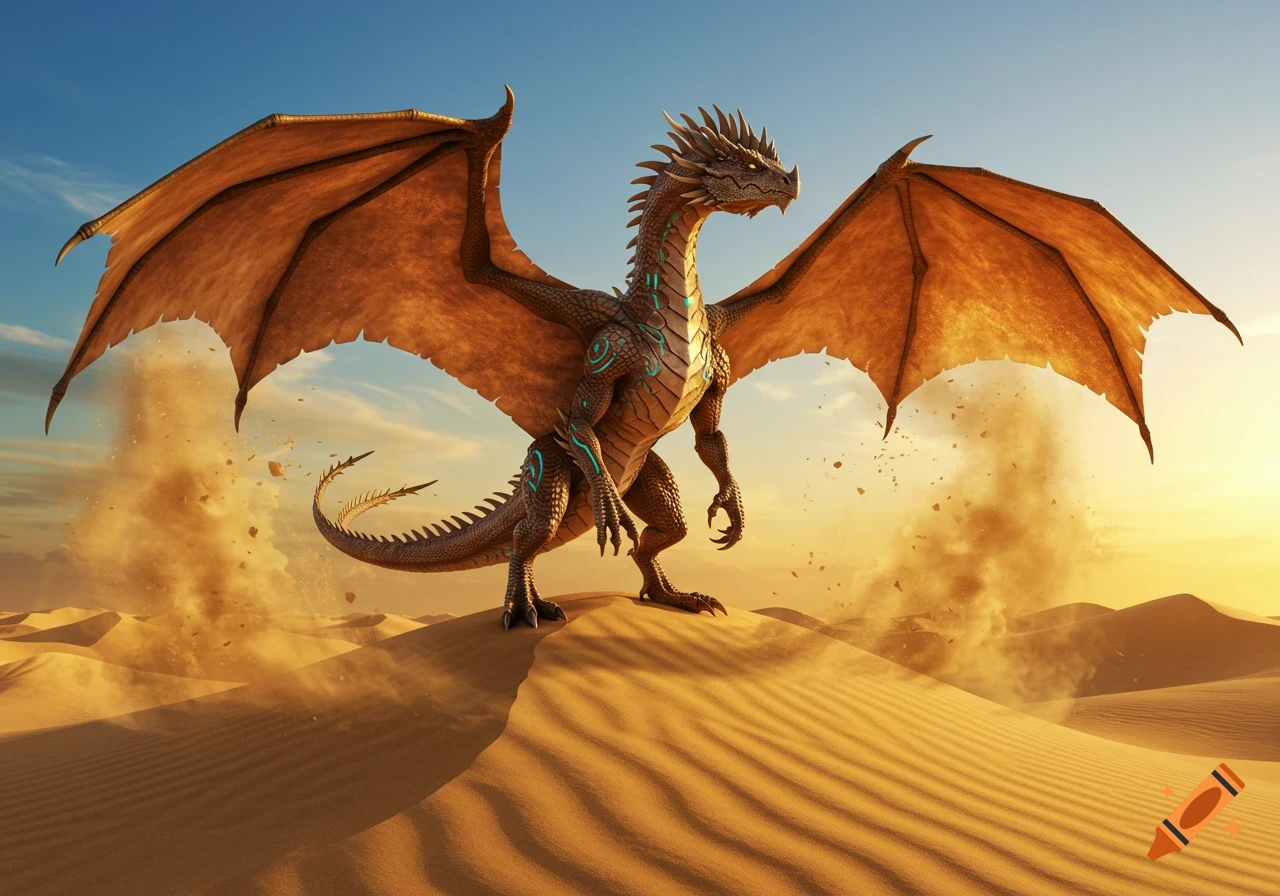 A majestic dragon with large wings stands on a desert sand dune, kicking up sand under a colorful sky.