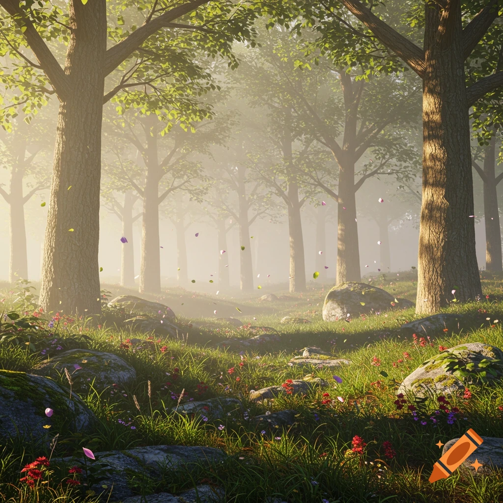 Sunlit forest floor with lush green grass, mossy rocks, wildflowers, and colorful petals falling among tall trees.