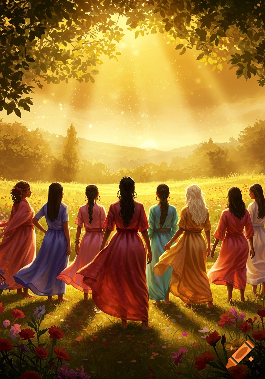 Eight women in colorful dresses walk through a sun-drenched field towards a golden light.