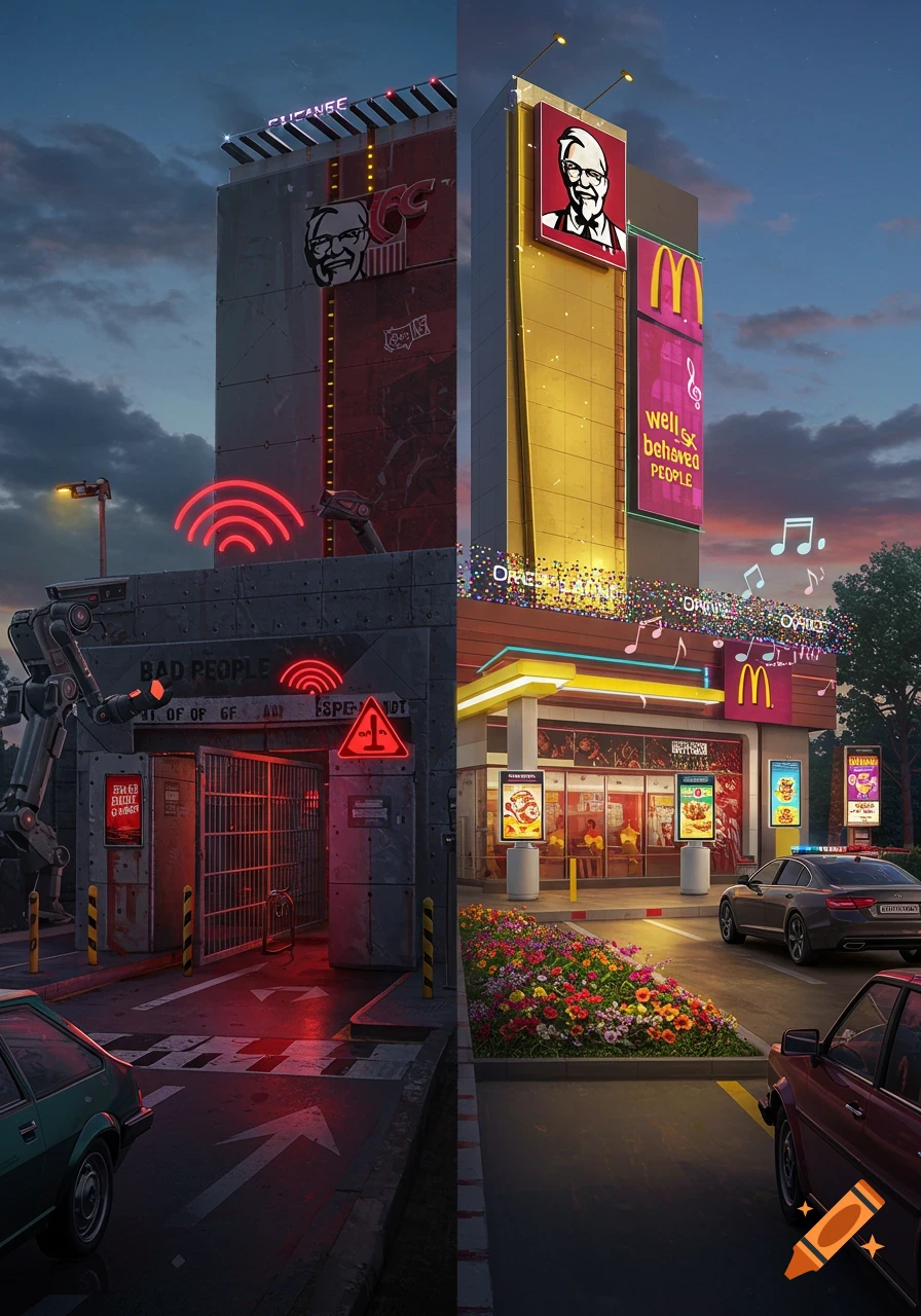 A divided fast-food drive-through. The left side is a dark, fortified "Bad People" lane with a KFC sign and security. The right is a bright "Well-behaved People" lane leading to a McDonald's with flowers and music notes.