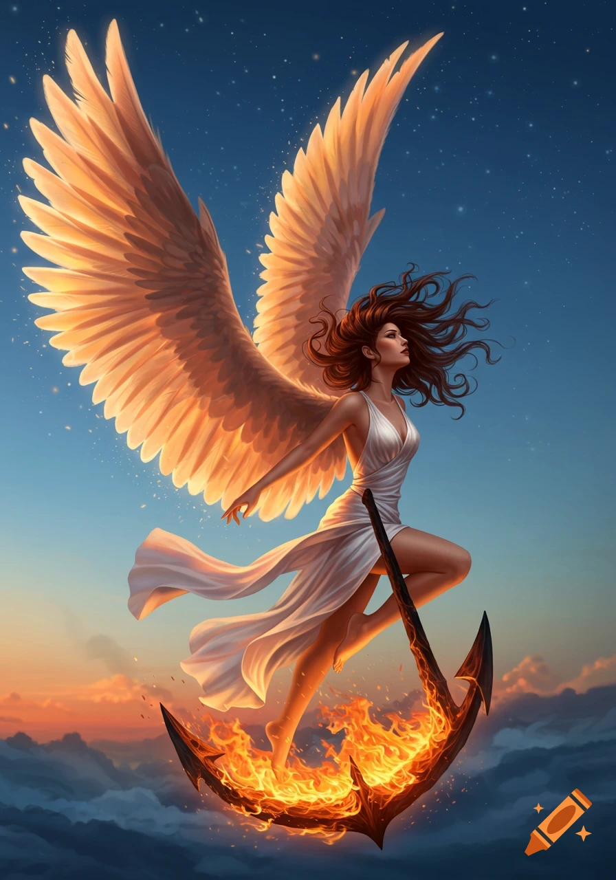 A beautiful angel with large golden wings, wearing a white dress, stands on a flaming anchor above clouds at sunset.