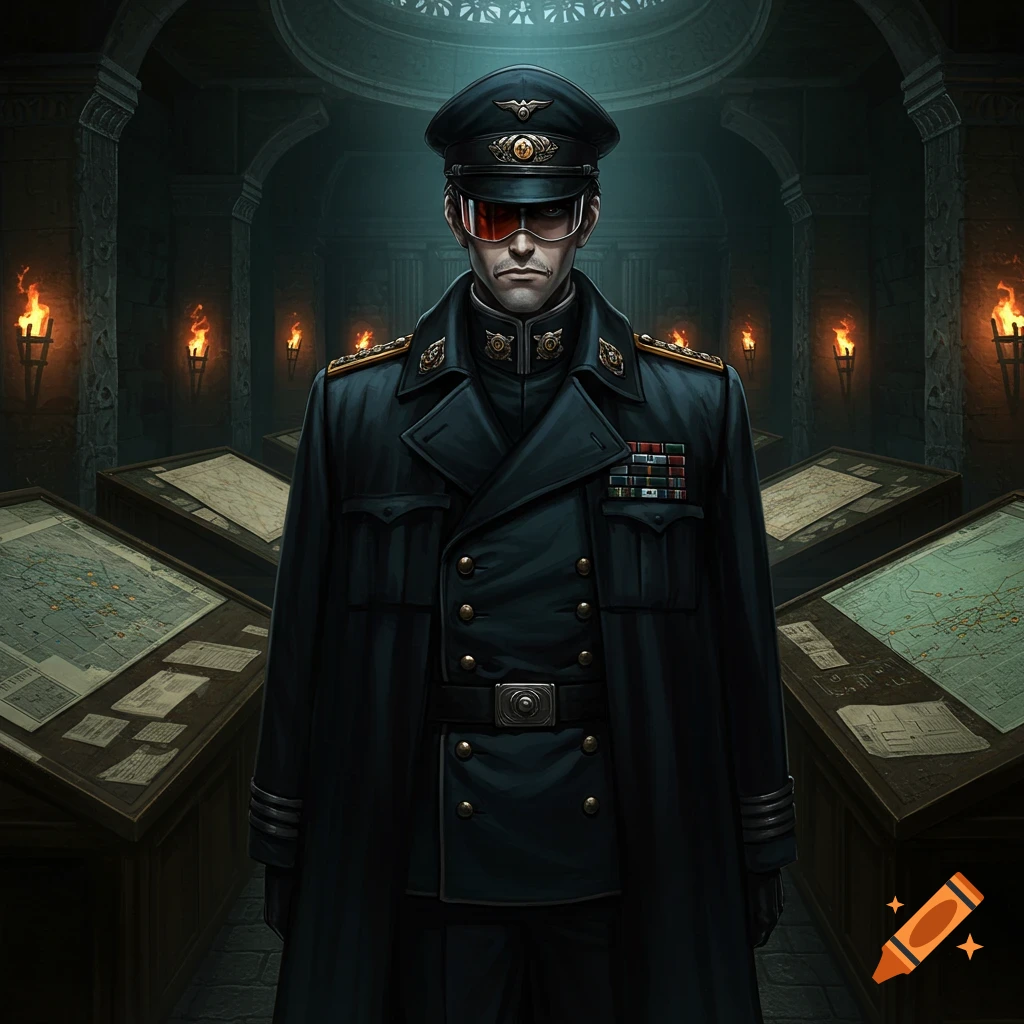 A stern-looking man in a dark, double-breasted military coat and cap with red-tinted goggles stands in a dimly lit, torch-lit stone chamber with maps on tables.