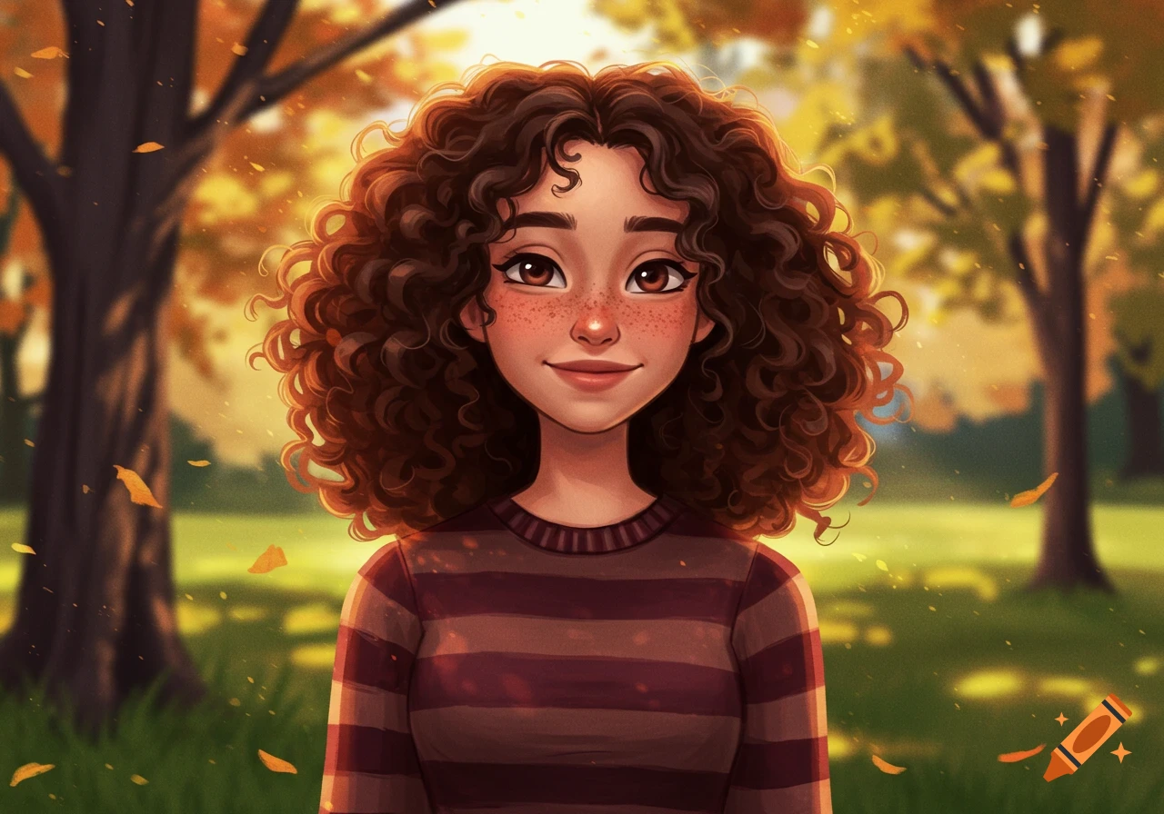 Illustrated portrait of a smiling girl with curly brown hair and freckles in an autumn park.