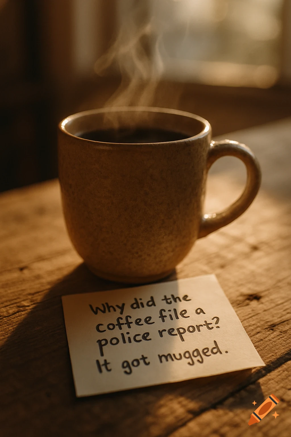Steaming coffee mug on a rustic wooden table next to a handwritten note with a coffee-themed joke, in a warm, photorealistic style.